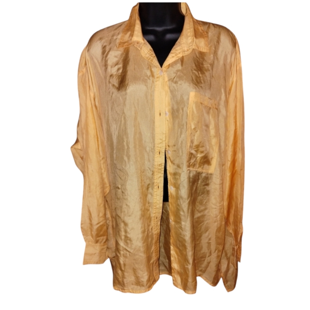Kiko silks oversize peach button down long sleeve blouse, silk